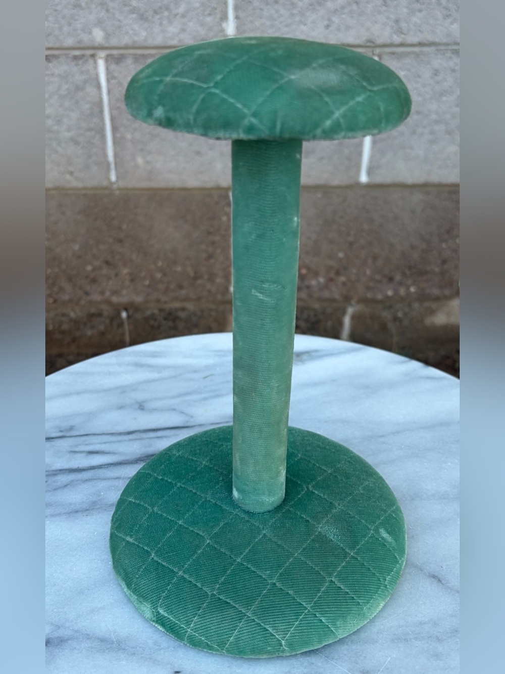 Vintage Quilted Sage Green Velvet Boudoir Hat Stand Millinery Wig Display Holder